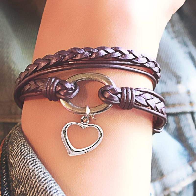 Mini Paisley met berry leather bracelet xl open heart charm