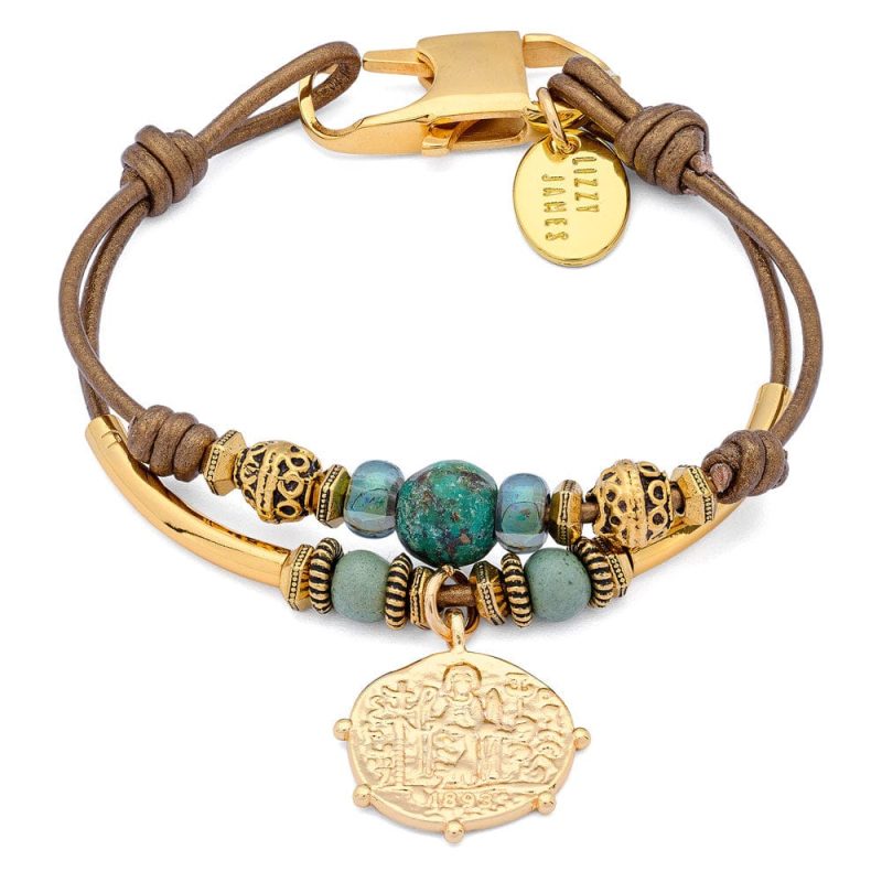 Moss turquoise gold bracelet w 1893 gold pendant metallic bronze leather