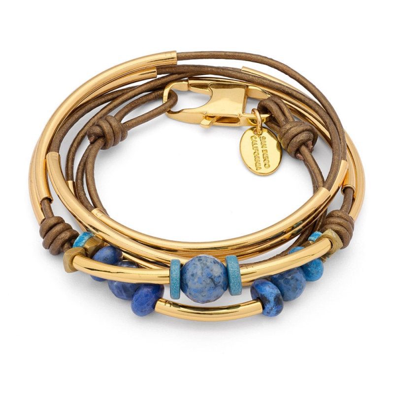 Night Swim gold leather wrap bracelet w blue lapis beads