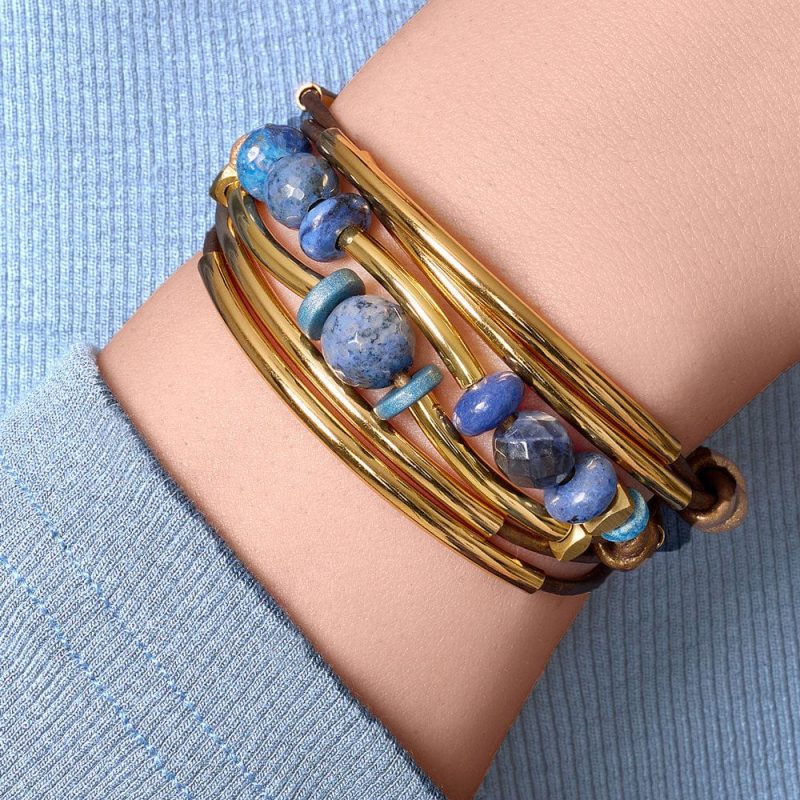 Night Swim gold leather wrap bracelet w blue lapis beads neutral blue