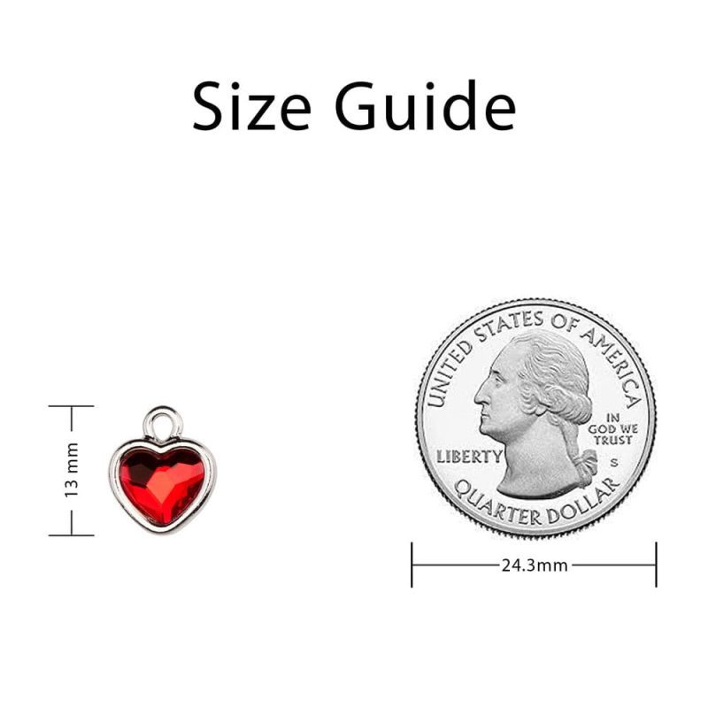 Ruby Crystal Silver Heart Charm Measurement Image