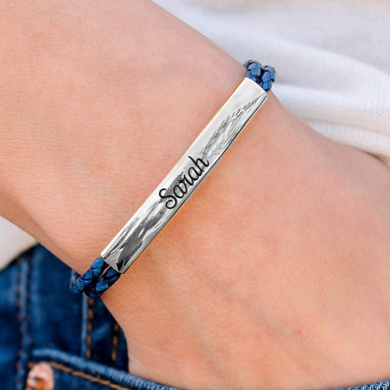 Silver Creations in blue leather bracelet denim engraved Sarah no symbol