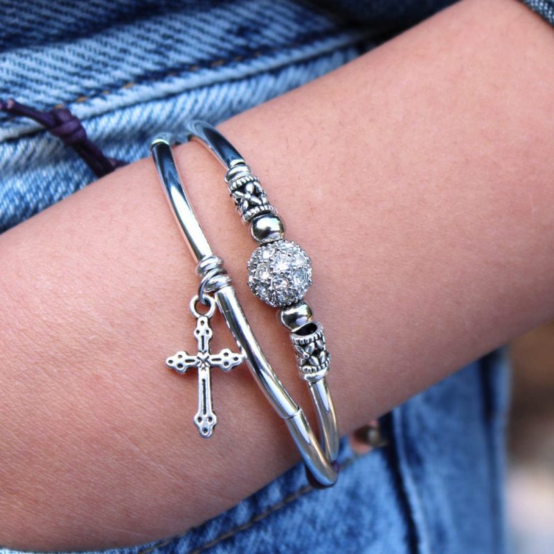 Sparks silver adjustable bracelet w rhinestone focal silver delicate cross charm denim