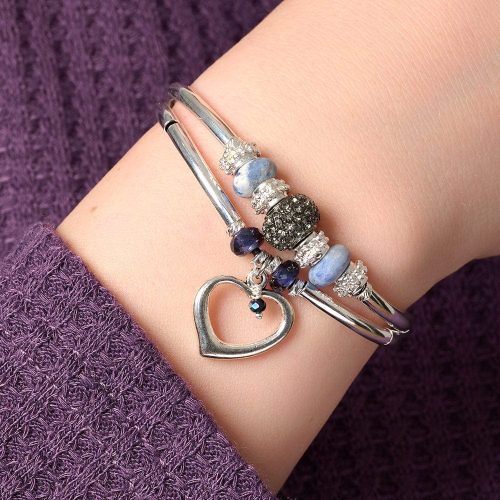 Symphony silver Bracelet w Semi Precious Sodalite w XL open heart charm purple