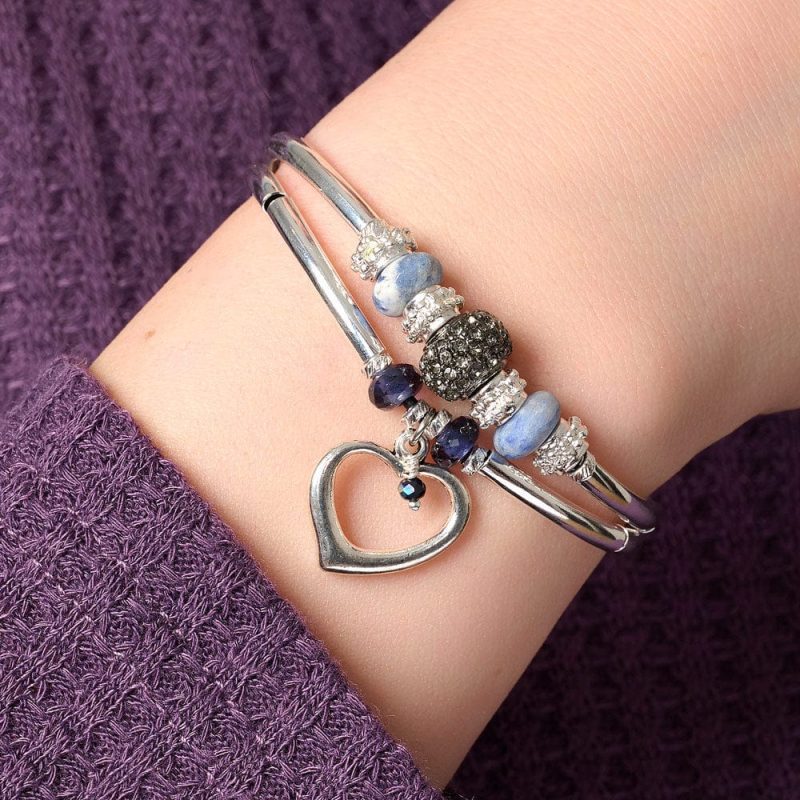 Symphony silver Bracelet w Semi Precious Sodalite w XL open heart charm purple