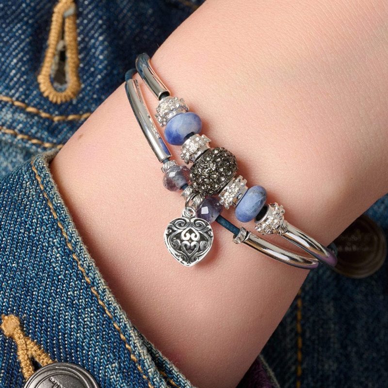 Symphony silver Bracelet w Semi Precious Sodalite w puffed heart charm denim