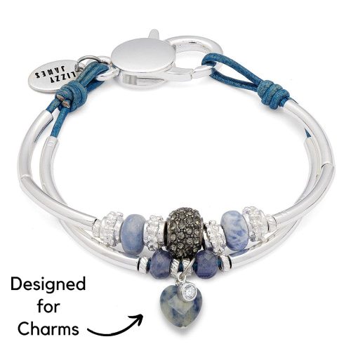 Symphony silver Bracelet w Semi Precious Sodalite w sodalite heart charm duo