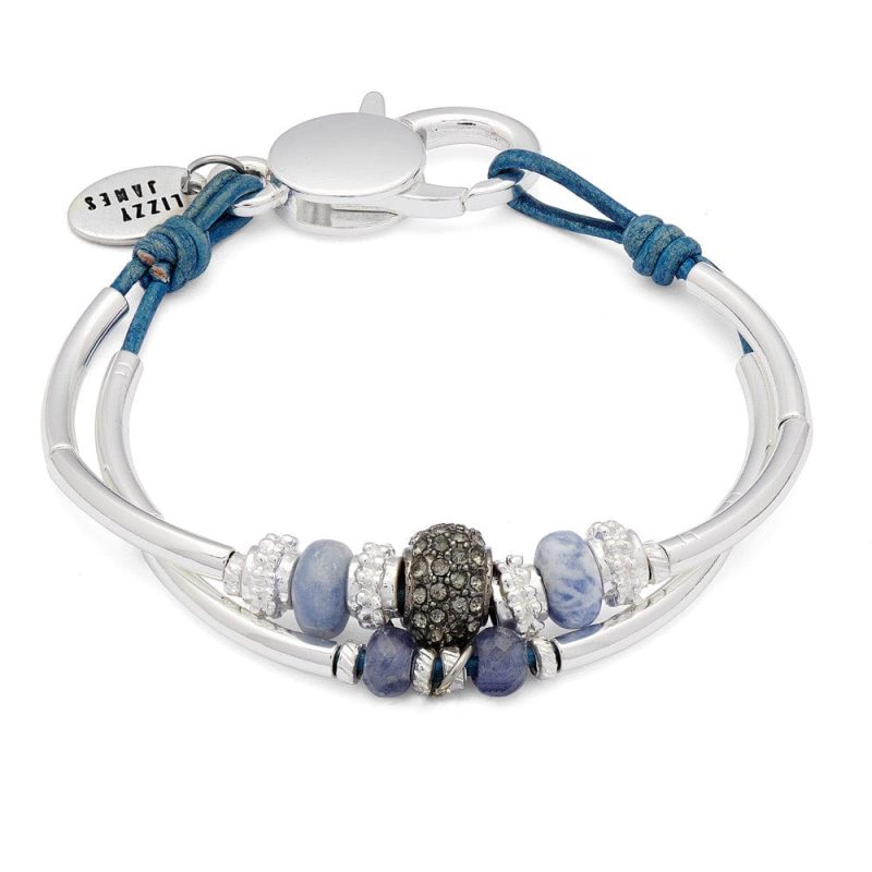 Symphony silver and leather Bracelet w Semi Precious Sodalite