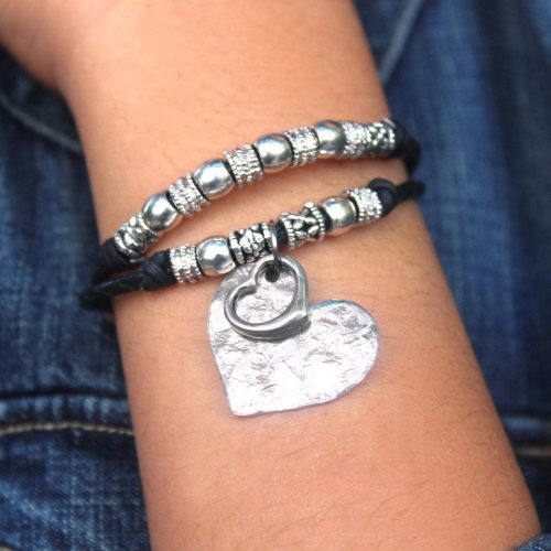 Zoe silver and black leather Bracelet w Endless Heart charm denim sq