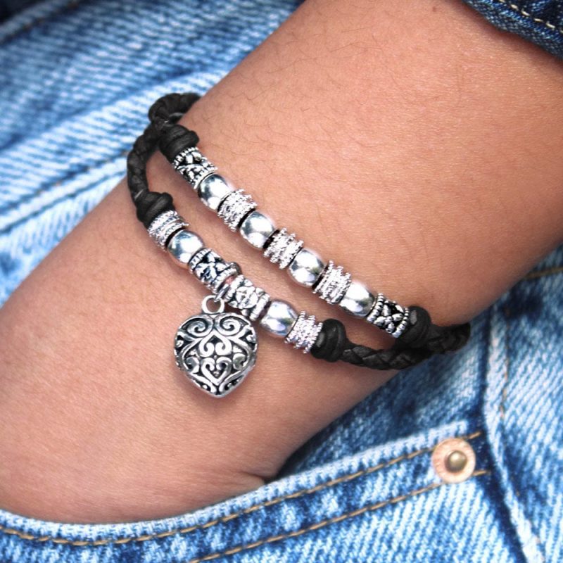 Zoe silver and black leather Bracelet w puffed Heart charm denim