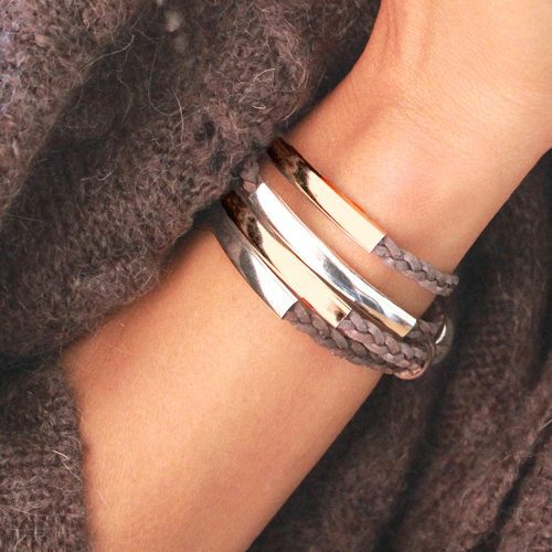 addison silver and gold bracelet in natural brown grey leather fall neutral