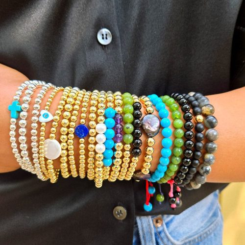 all leahjessica wrist stack w 14k gold filled jade turquoise onyx gemstone bracelets and sterling silver w black