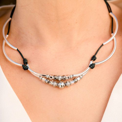 angela silver and leather wrap bracelet necklace neutral