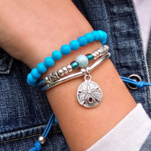 aqua silver bracelet w amazonite and sand dollar charm w turquoise bracelet denim sq