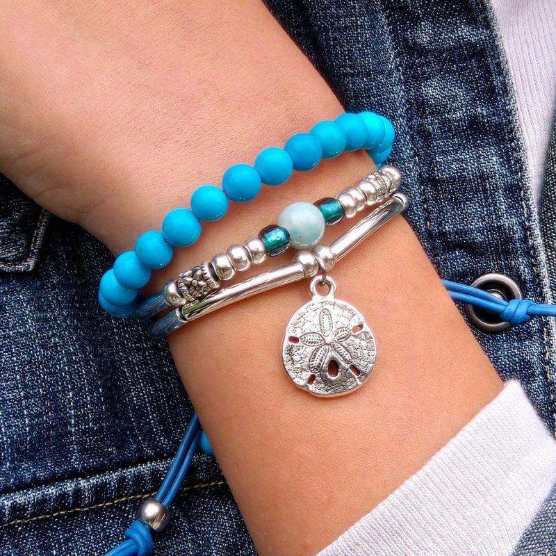 aqua silver bracelet w amazonite and sand dollar charm w turquoise bracelet denim sq