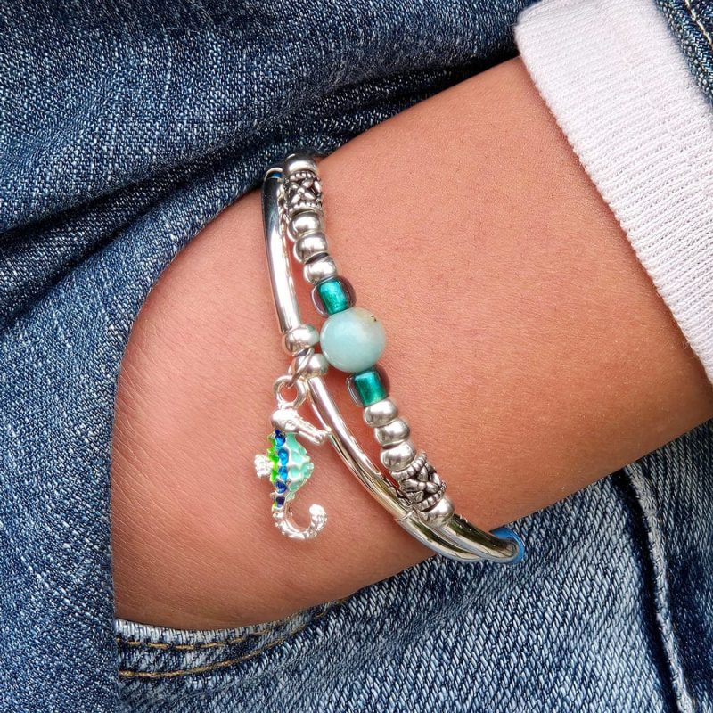 aqua silver bracelet w amazonite and silver enamel seahorse charm denim instafeed