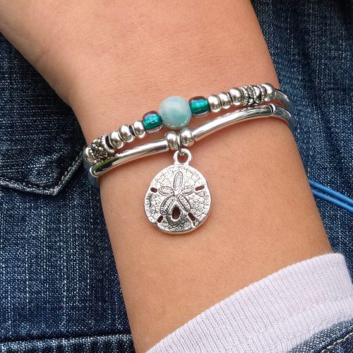 aqua silver bracelet w amazonite and silver sand dollar charm