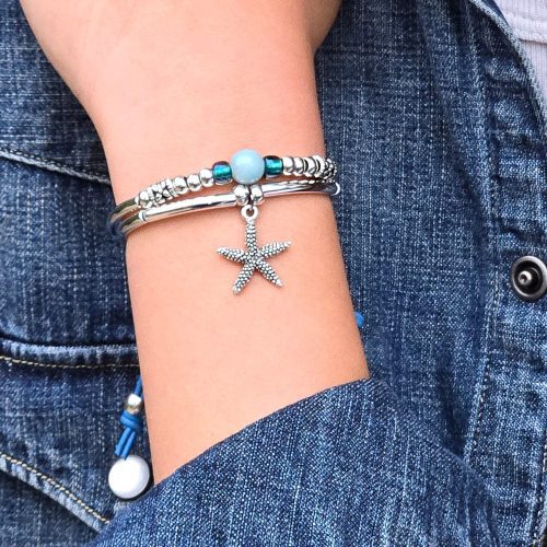 aqua silver bracelet w amazonite and silver starfish charm denim