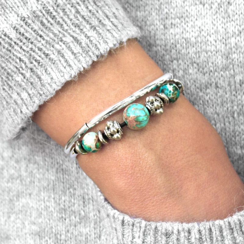 basil silver adjustable bracelet w turquoise neutral light grey sweater