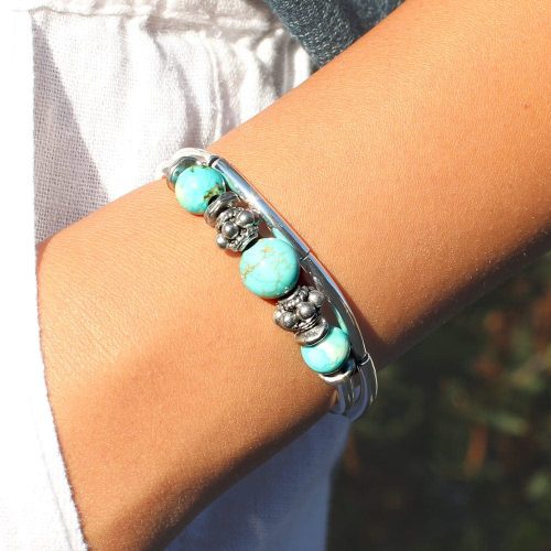 basil silver adjustable bracelet w turquoise white denim square