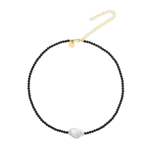 black onyx bead necklace w freshwater pearl and 14k gold filled clasp