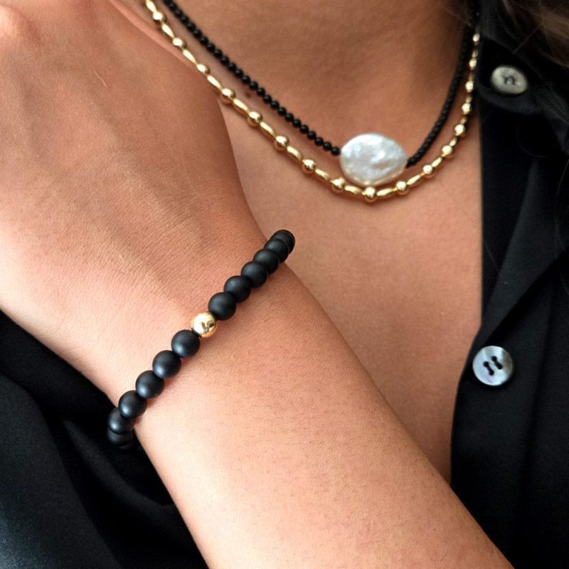 black onyx stretch bracelet w 14k gold filled bead and onyx and 14kk gold filled necklace black