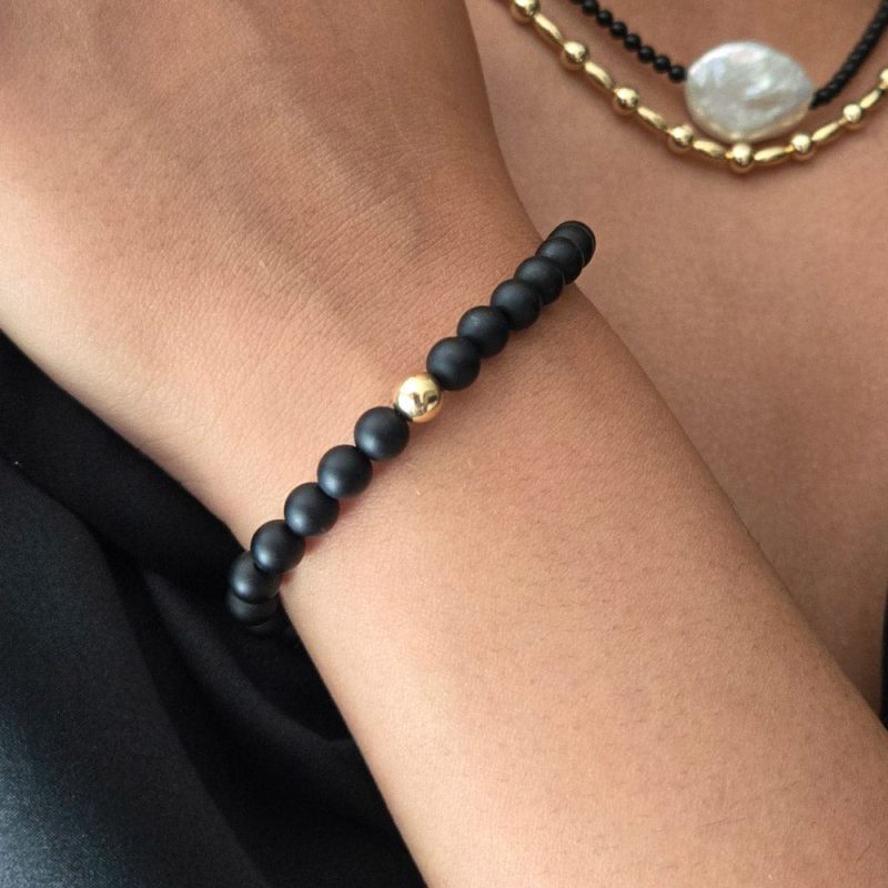 black onyx stretch bracelet w 14k gold filled bead black