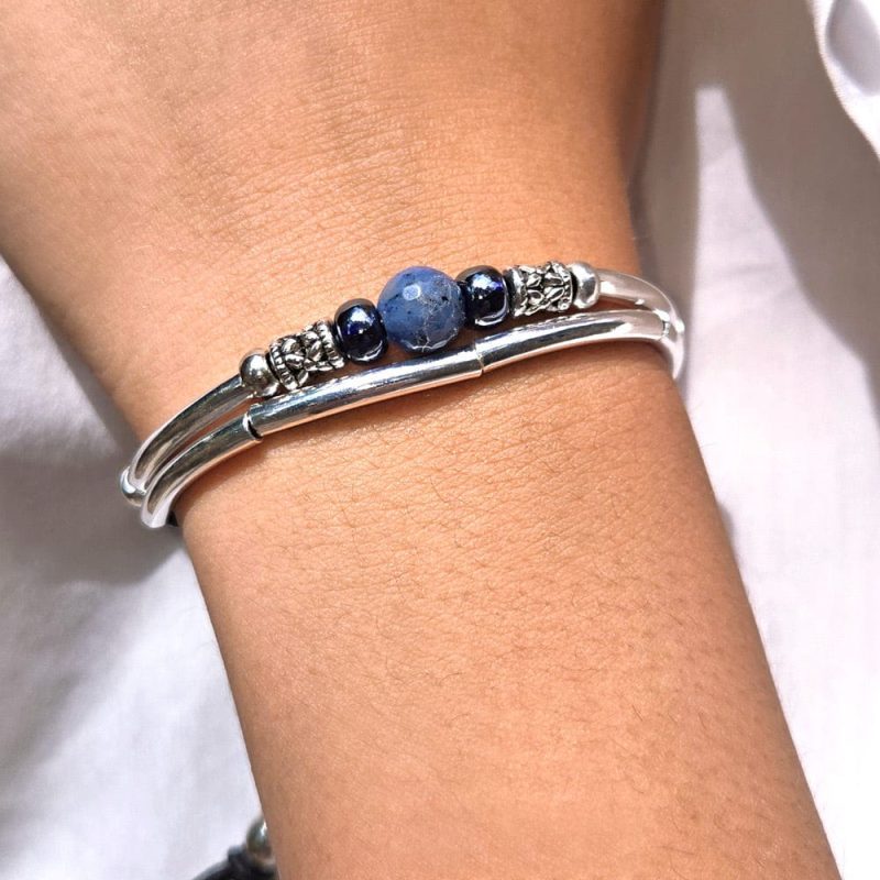 blue ocean silver and leather bracelet w lapis denim white