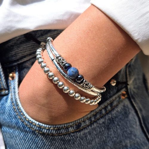 blue ocean silver and leather bracelet w lapis stacked w 5mm sterling silver bracelet denim white