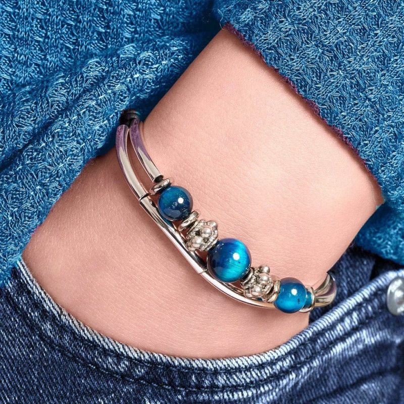 blue tigers eye silver and leather adjustable bracelet denim blue