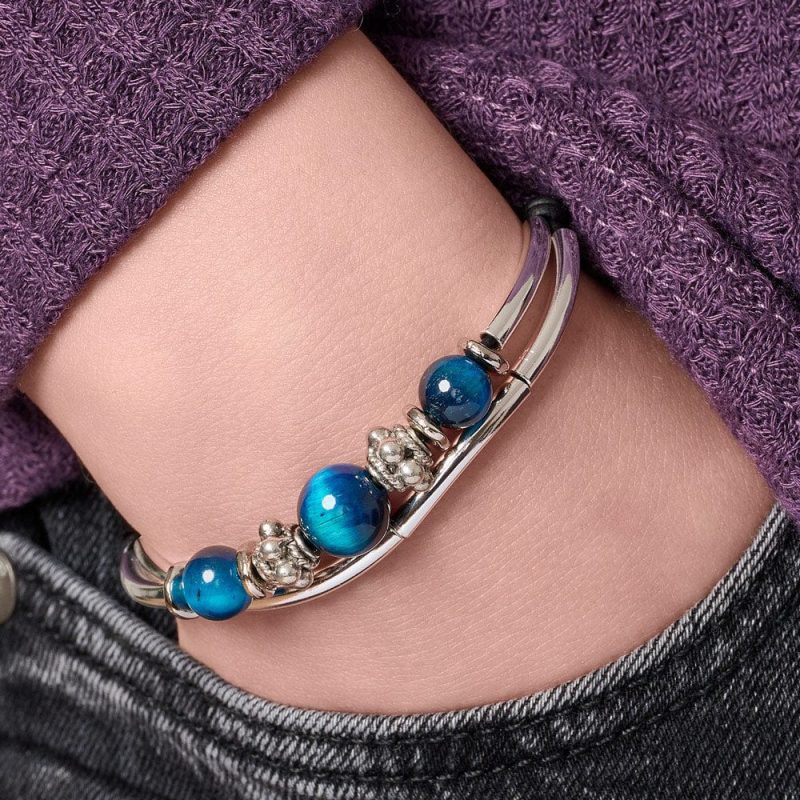 blue tigers eye silver and leather adjustable bracelet denim purple