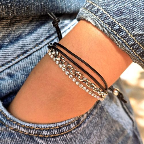 cassidy silver and leather bracleet w rhinestone denim