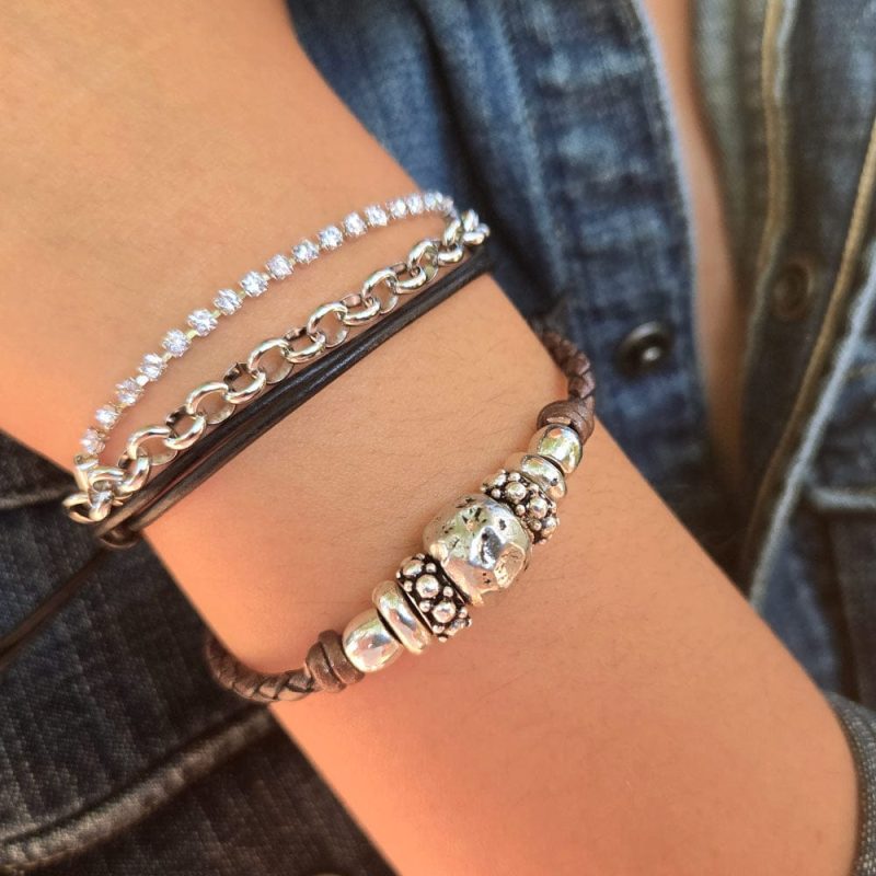 cassidy silver and leather bracleet w rhinestone w brown braided leather bracelet denim