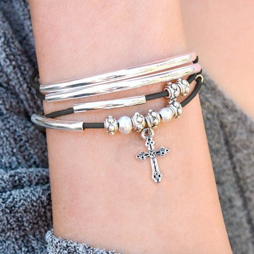 charming silver wrap bracelet in gunmetal grey leather w delicate cross charm neutral