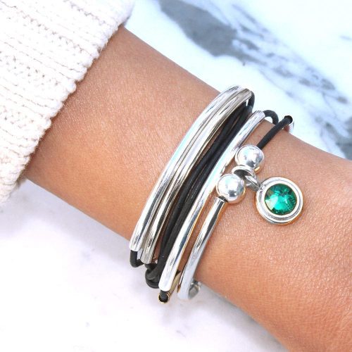 emerald green Crystal Charm in silver with silver Girlfriend Wrap bracelet