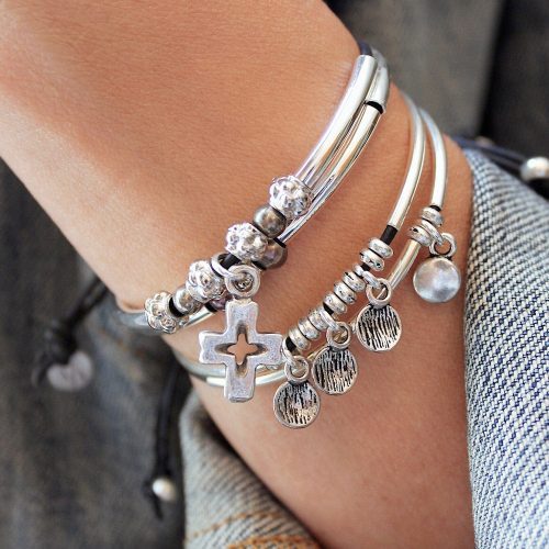 faith adjustable bracelet stacked with voyage w cross charm