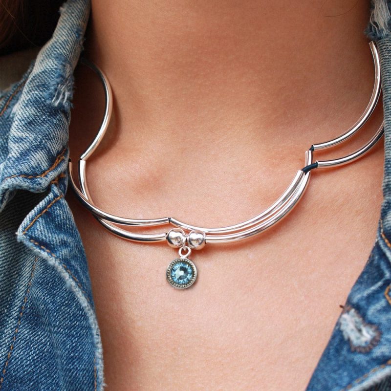 girlfriend silver and leather wrap bracelet necklace w march birthstone charm denim c47aee5b 58b3 42f3 bbcd ae08037c49d7