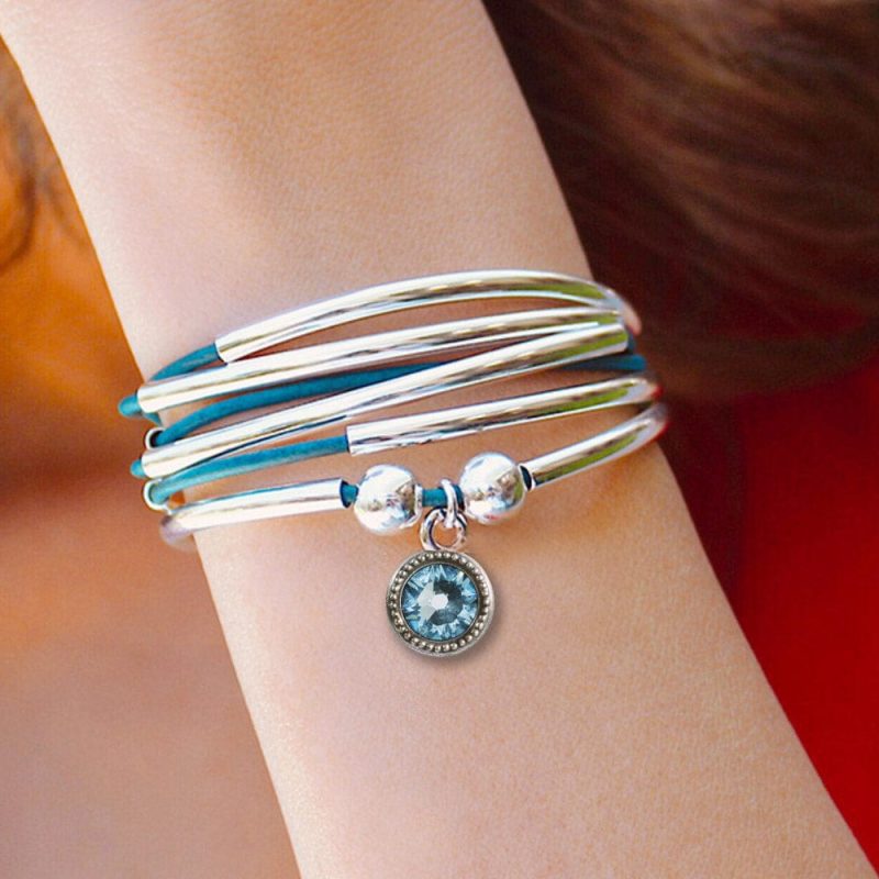 girlfriend silver and leather wrap bracelet w march birthstone