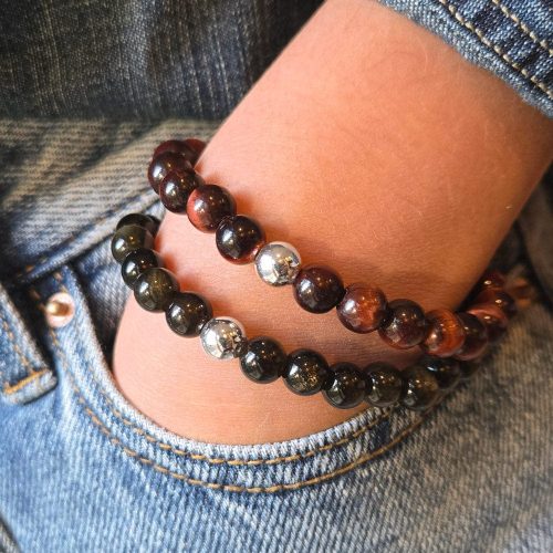 gold obsidian and red tigers eye bead stacked bracelets w sterling silver beads denim outfit