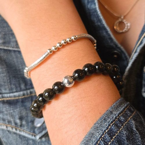 gold obsidian bead bracelet w sterling silver bead w Lim sterling silver bracelet and sterling silver necklace denim