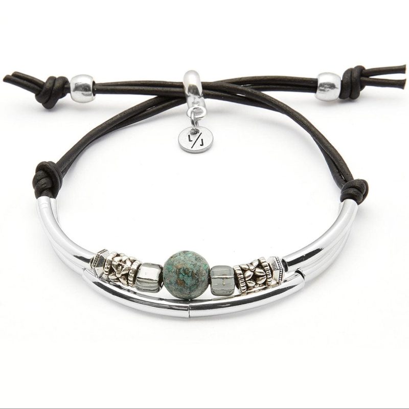 green sea adjustable silver and black leather bracelet with turquoise