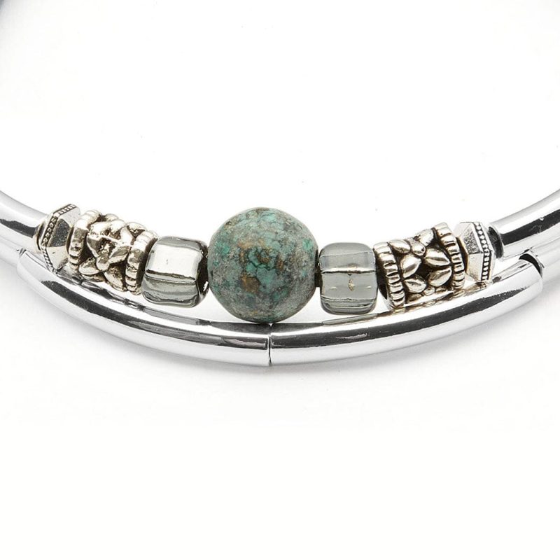 green sea adjustable silver and black leather bracelet with turquoise bead