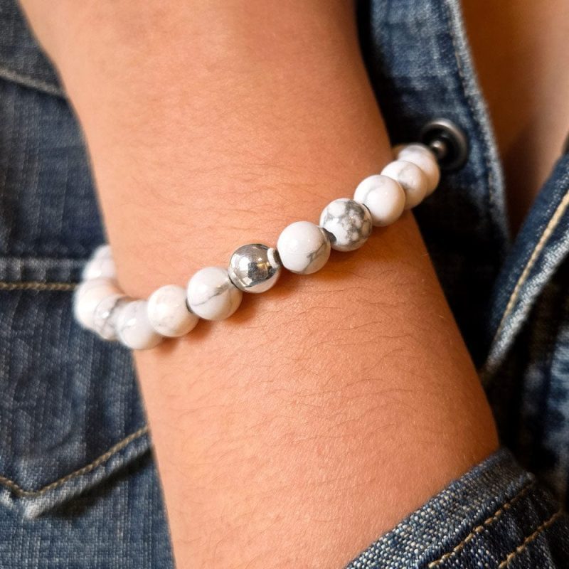 howlite bead bracelet w sterling silver bead w sterling silver necklace and denim shirt