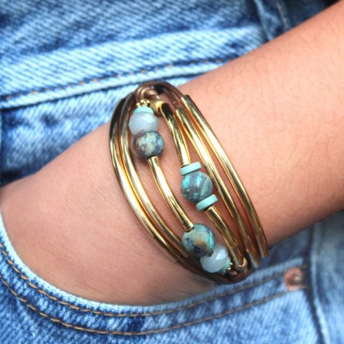 kerry gold wrap bracelet with amazonite metallic bronze denim pocket