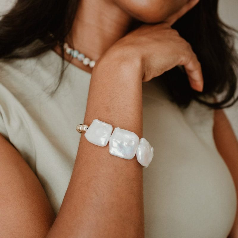 large freshwater square pearls bracelet in sterling silver