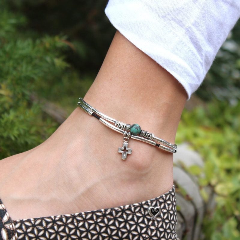 lido silver anklet w turquoise and silver open cross charm white pant outdoor