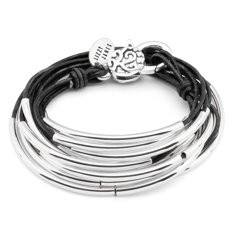 lizzy classic 4 strand black leather wrap bracelet w silver