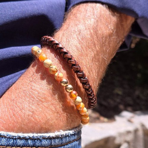 max brown braided leather bracelet w tigers eye bracelet w 2 14k gold filled beads blue denim