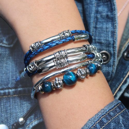 maxi silver and blue leather wrap bracelet w clarity semi precious tigers eye gemstone bracelet denim