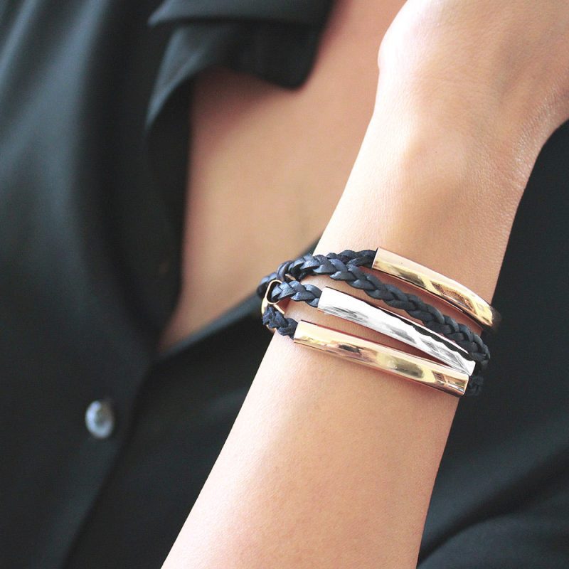 mini addison natural black leather wrap bracelet silver gold black shirt